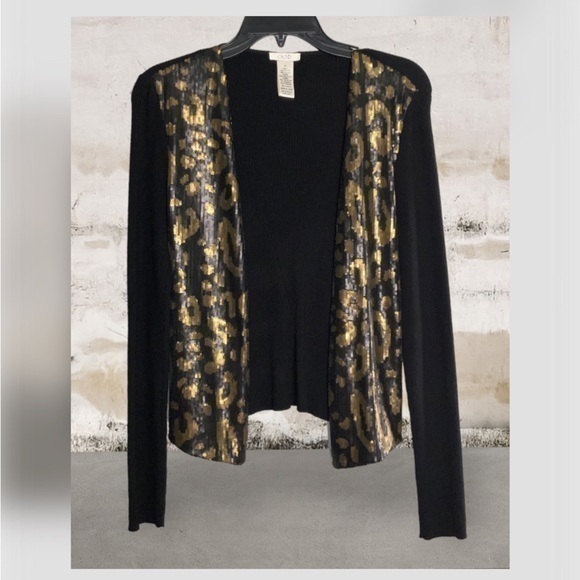 Cache Black Ribbed Sweater With Gold & Black Sequins Leopard Print Cardigan M - Picture 1 of 9
